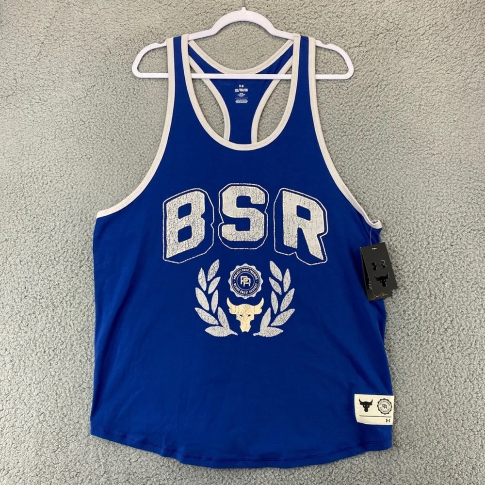 Under Armour Project Rock Adult XXL Blue BSR Flag Tank Top Mens 1376942-471
